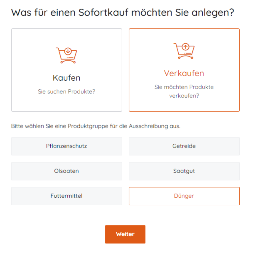 Auswahl der Produktgruppe, die man verkaufen möchte